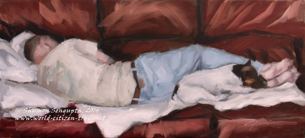 Sleeping White and Brown Jack Russell Dog and Man in Tan Shirt on Burgundy Couch by Clair Hartmann